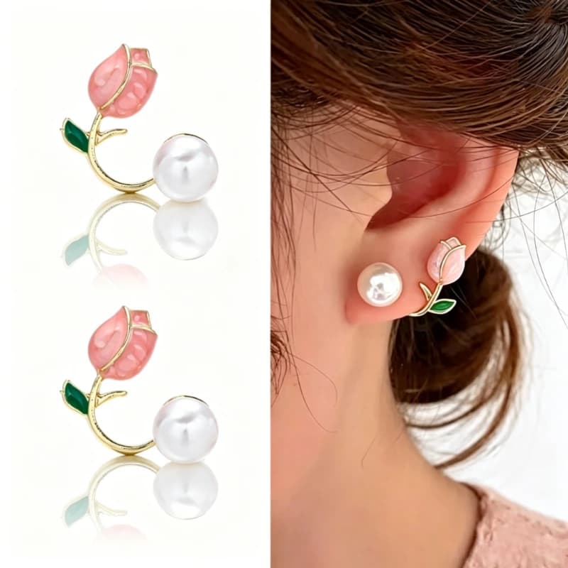 Elegant Charm Pink Tulip Imitation Pearl Golden Stud Earrings for Women Romantic Exquisite Wedding Anniversary Jewelry Accessory