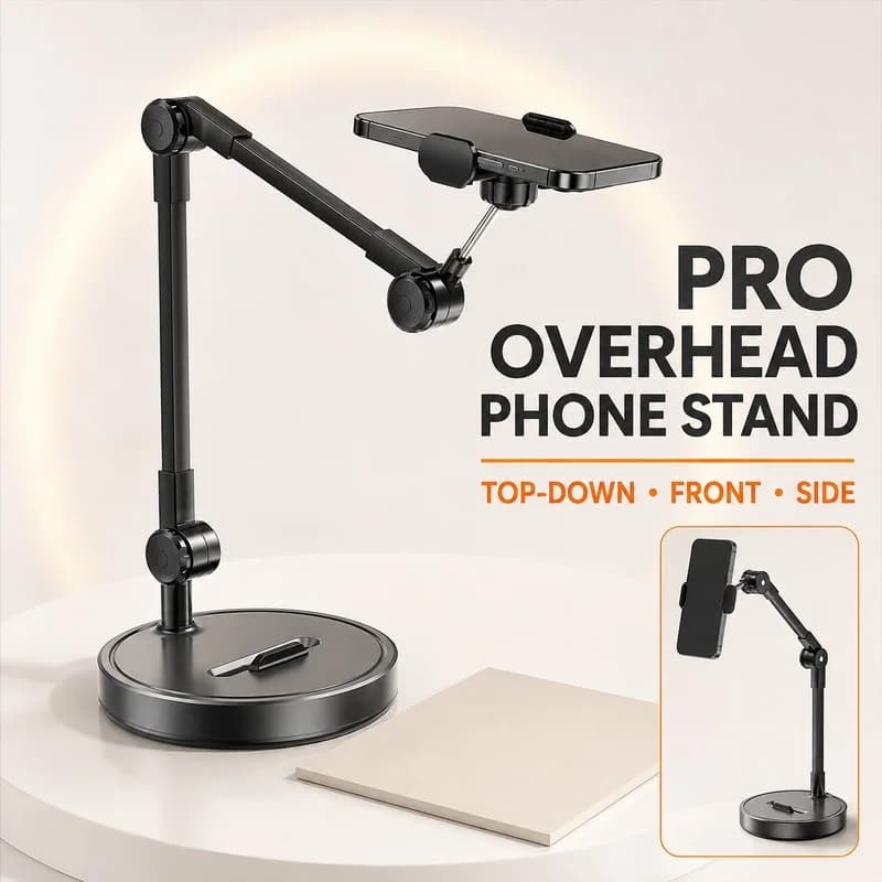 Overhead Phone Stand Desktop Tripod Top Down Mobile Holder for Live Streaming Food Video Recording Online Teaching