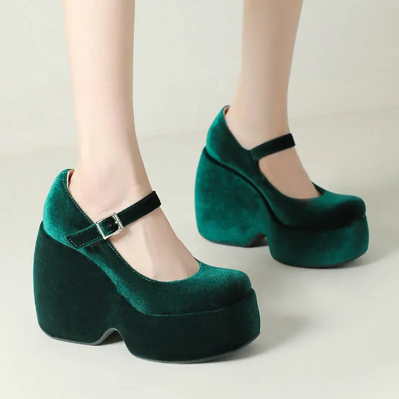 Scarpe Mary Jane con Zeppa e Tacco Alto in Velluto Verde Rosso, Punta Chiusa, con Cinturino a Fibbia, per Cerimonia e Matrimonio, da Donna