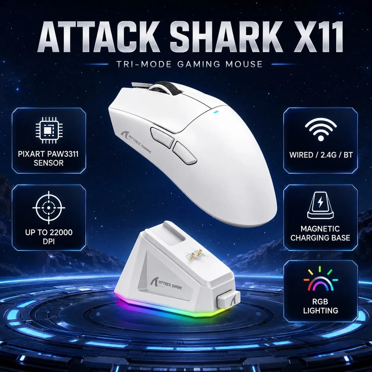 Mouse Wireless Bluetooth Attack Shark X11 PAW3311 RGB Three Mode 2.4G with Magnetic Charging Base, Gaming Mouse for E-sports