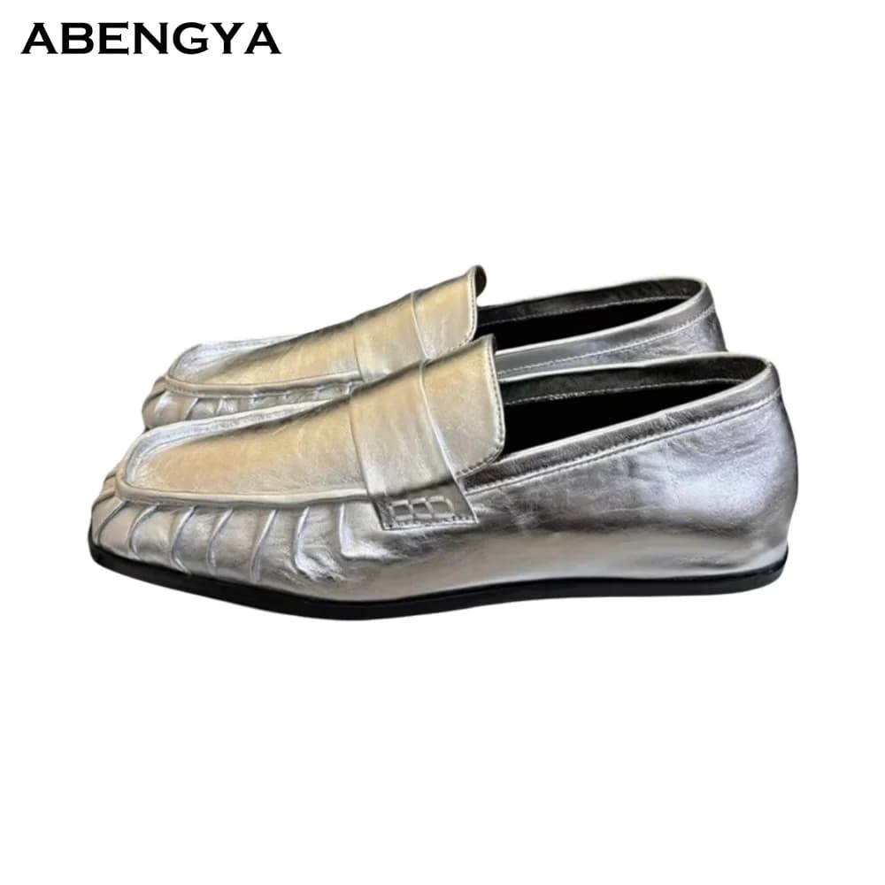 Autumn New Leather Flat Loafers Shoes Women Square Toe Mules Dress Shoes Designer Casual Party Vacation Walking Shoes For Women