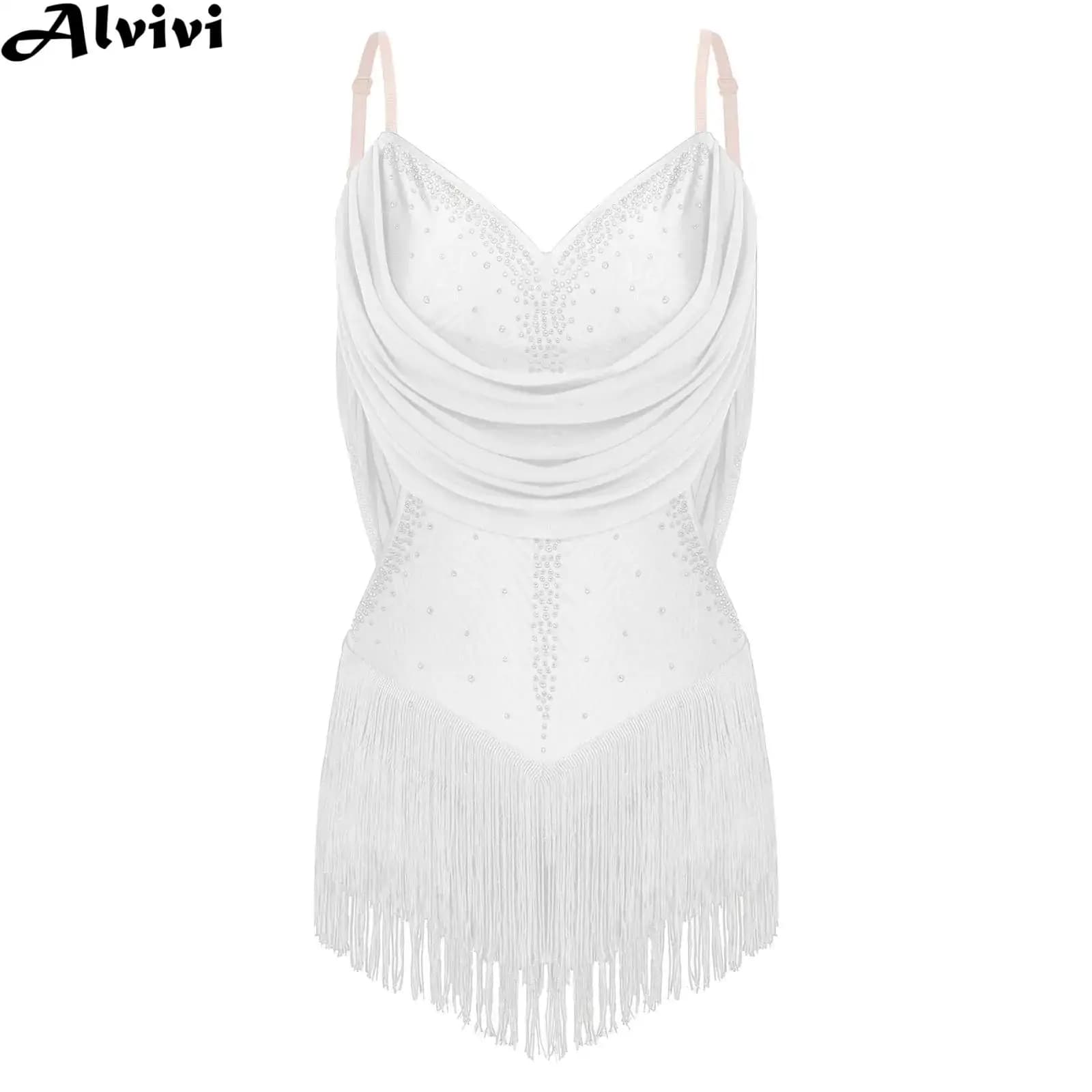 Donne Ballo Latino Pattinaggio di Figura Body Vestito Strass Increspato Maglia Nappa Body per Cha-cha Samba Rumba Tango Ginnastica