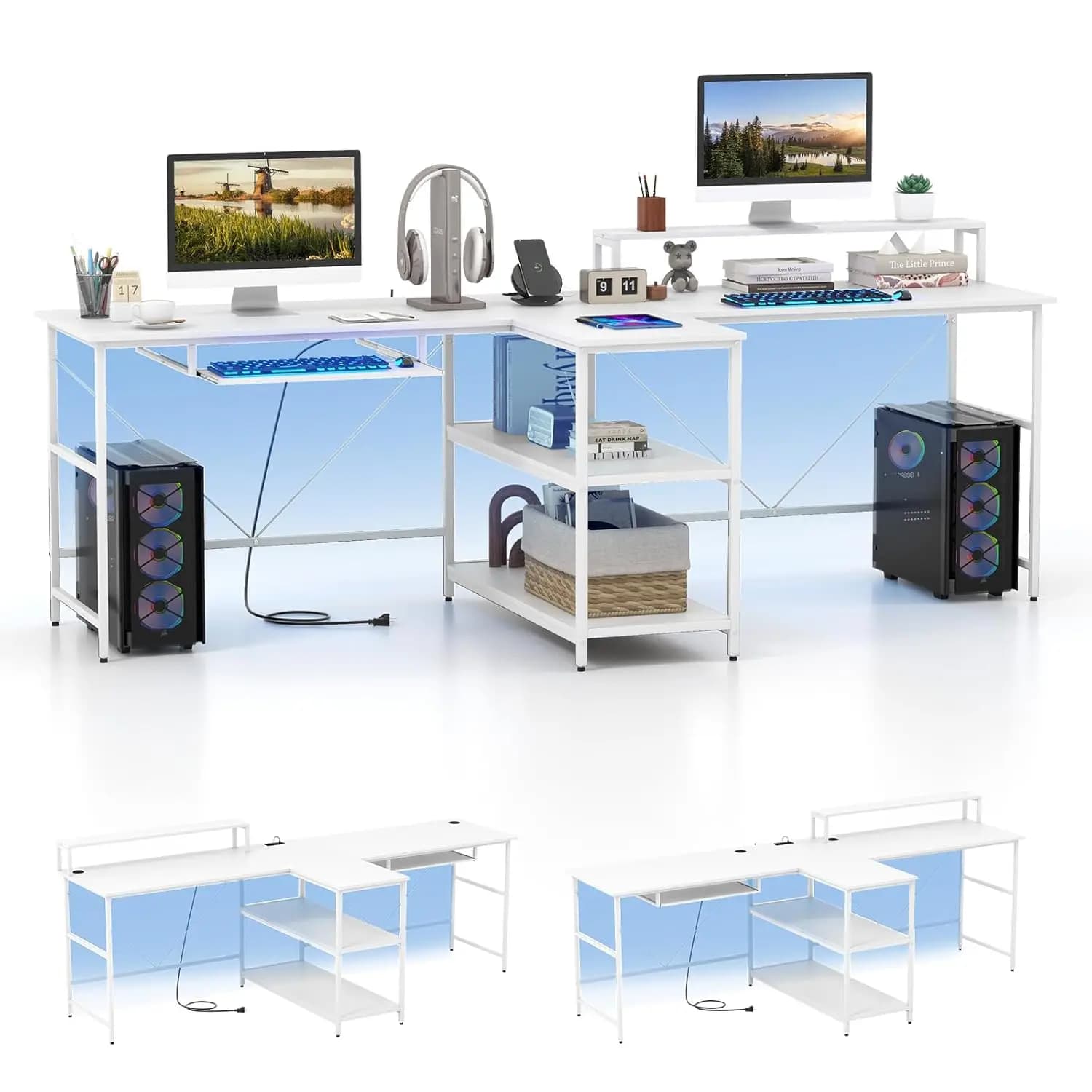 Scrivania LED da 94,5 Pollici per 2 Persone con Ripiani Portaoggetti, Prese di Corrente, Vassoio per Tastiera, Supporto Monitor, per Ufficio Domestico, Bianca, Personalizzabile