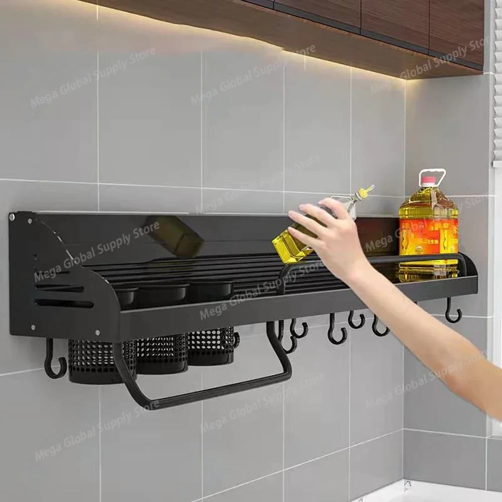 Black Spice Rack Organizer Seasoning Bottle Towel Holder Gadgets Supplies Hanging Kitchen Accessories Wall Mount Cabinet Shelf