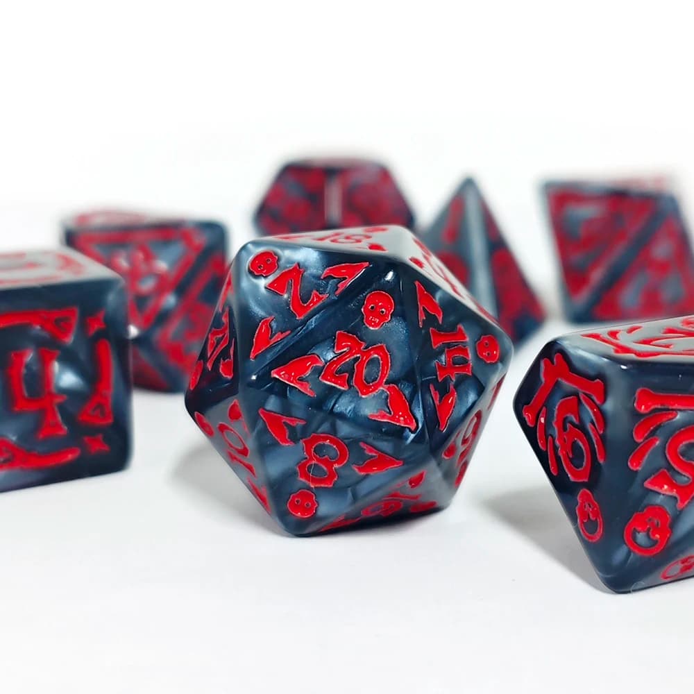 Dark Gray Marbled Acrylic Dice Set with Red Gothic Numbers, 7PCS Polyhedral Dice for D&D Tabletop Games