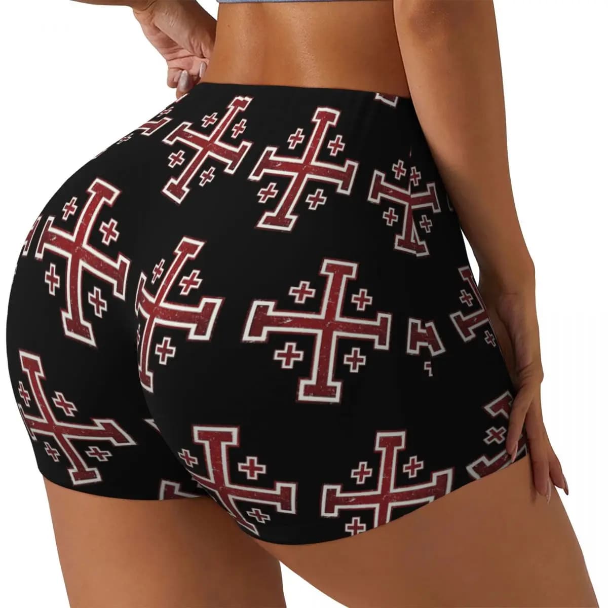Personalized racing shorts for training in women's gym, medieval knights with cross of Jerusalem, yoga shorts for bikers, athletic volleyball