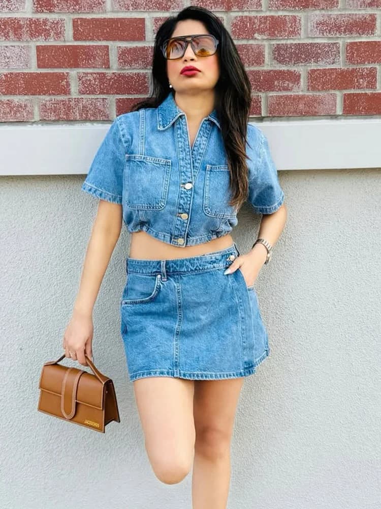 Trendix Jeans Crop Top Sets Fall Slim High Waist Mini Skirt 2025 New Fashion Denim Skirt And Button Short Sleeve Top 2 Piece Set
