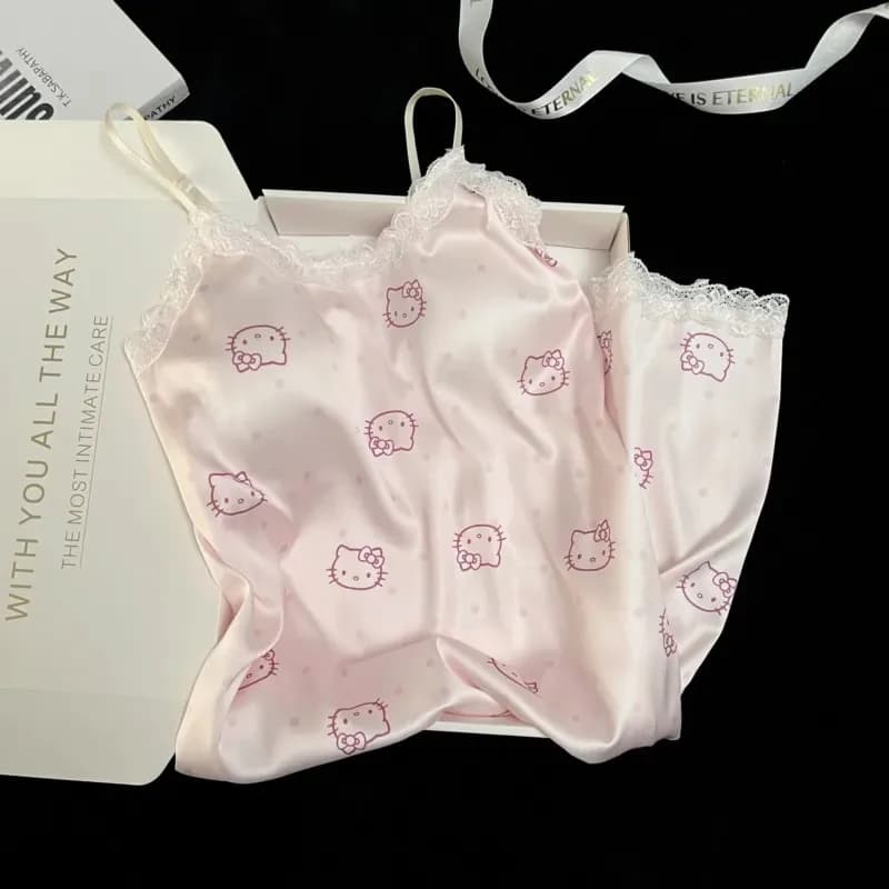 Cute Sanrio HelloKitty Ice Silk Nightgown with Built in Bra Tank Top Summer Loungewear Cartoon Anime Kawaii Soft Durable Gifts