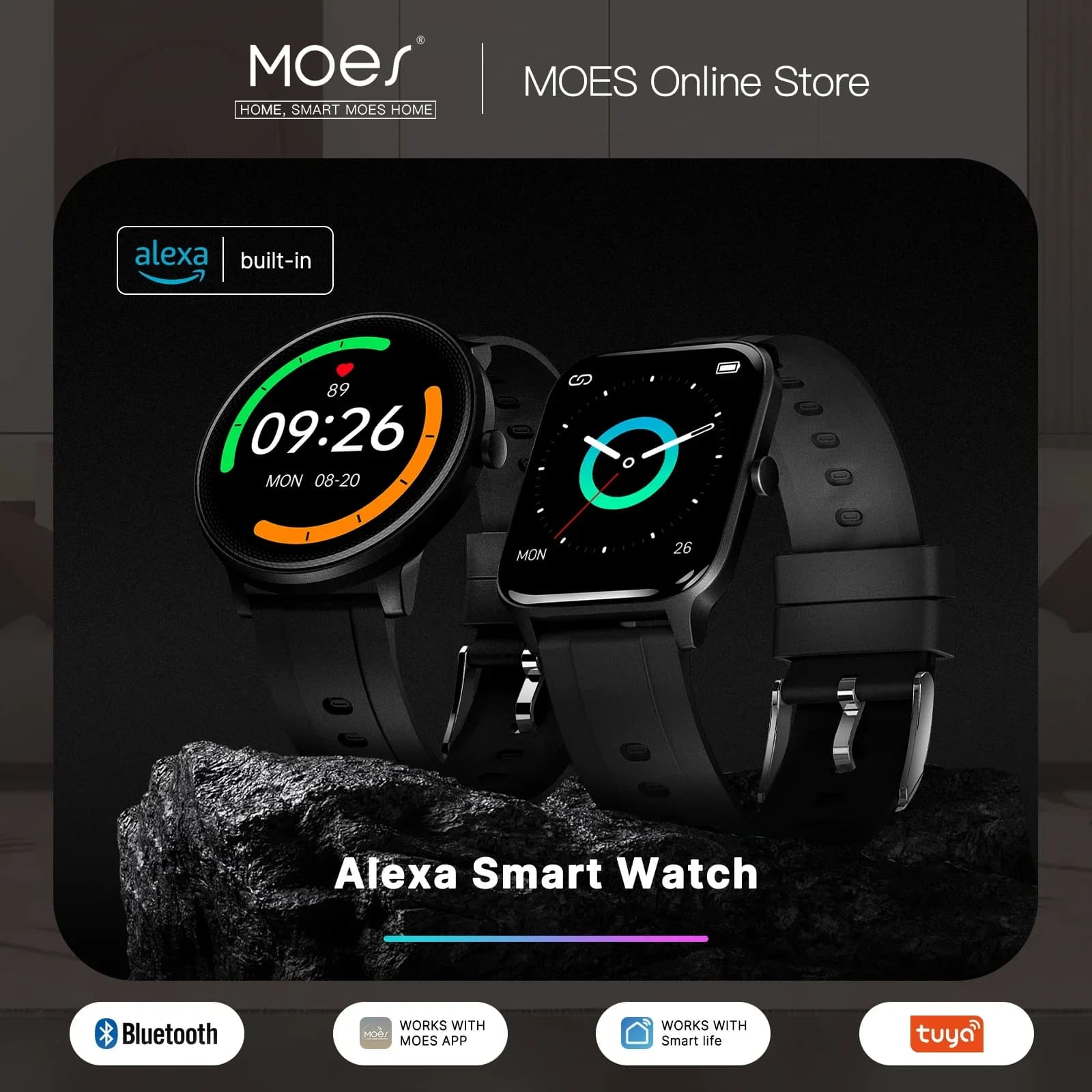 MOES Smart Watch Alexa Fitness Tracker integrated heart rate and two dial styles Blood oxygen monitor, IP68 waterproof touchscreen