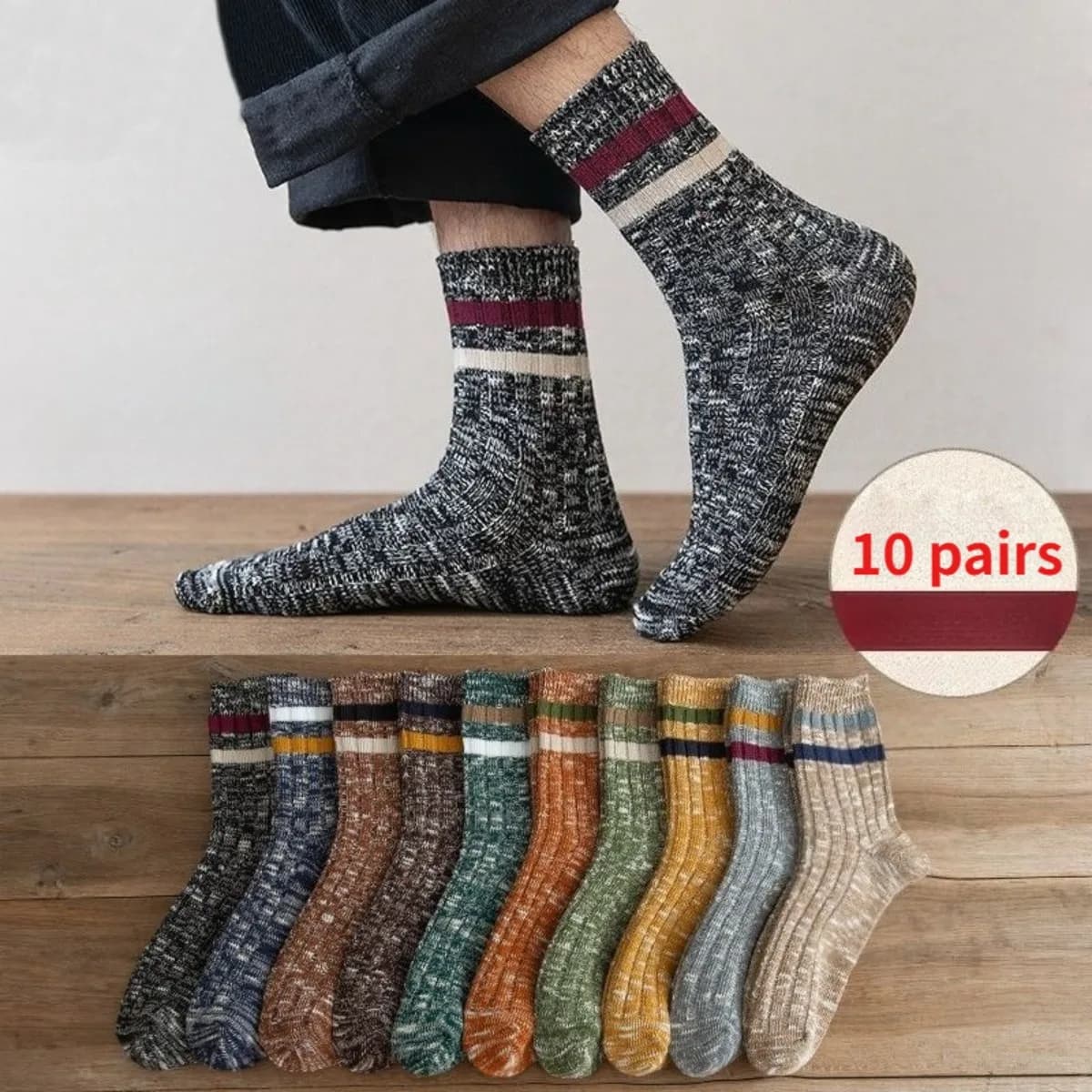 10 Pairs Men Vintage Ethnic Boho Crew Socks Double Needle Thick Yarn Thermal Warm Jacquard Casual Socks For Autumn Winter New