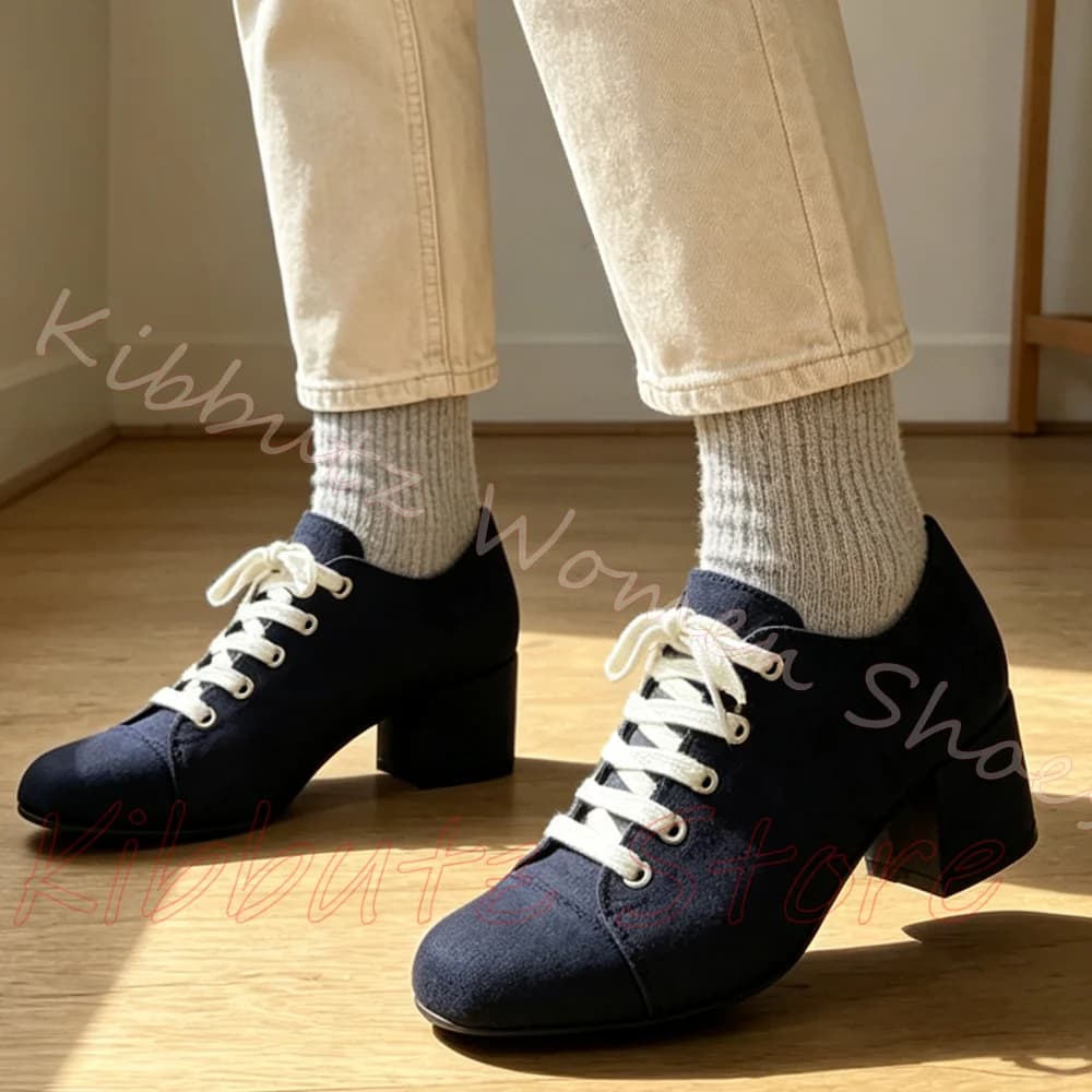 Ballet Pump Suede Lace-Up Solid Color Square Toe Chunky Heel Fashion Elegant Concise Sexy Novelty Luxury Women Party Dress Shoes