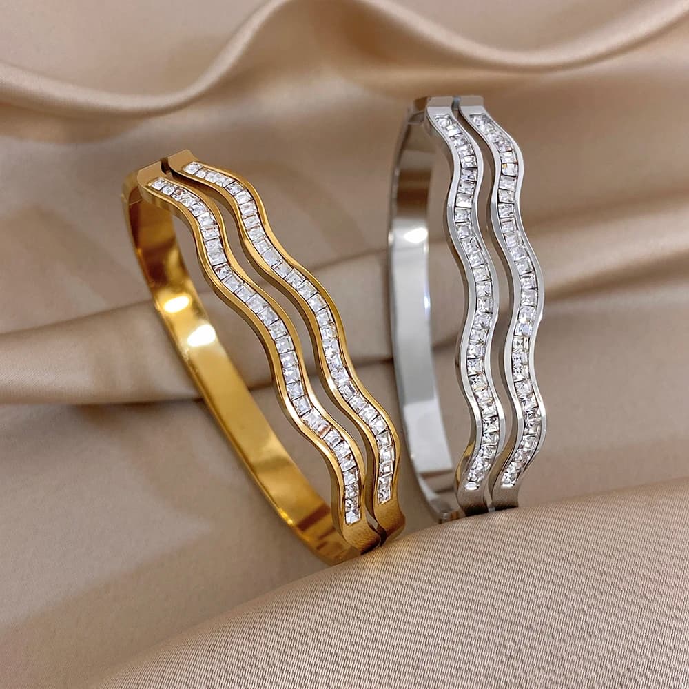 Eleganti Bracciali a Polsino in Acciaio Inossidabile Color Oro e Argento per Donne, Raffinato Bracciale a Doppio Strato con Zirconi, Gioielli Regalo