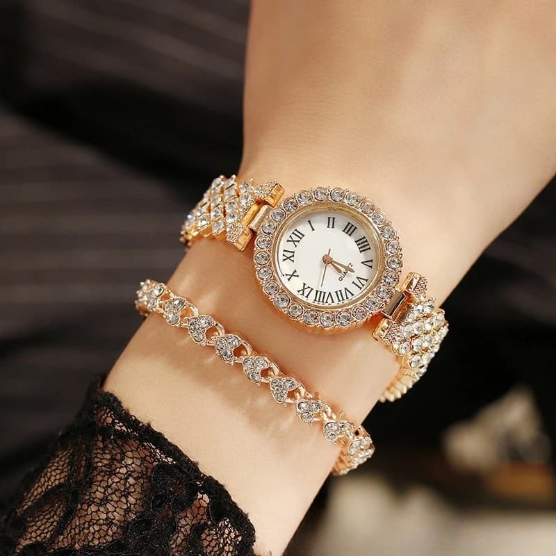 Orologio Trendy con Numeri Romani, Lussuoso Bracciale Cubano con Diamanti, Orologio da Polso in Acciaio alla Moda Hip-Hop per Donne