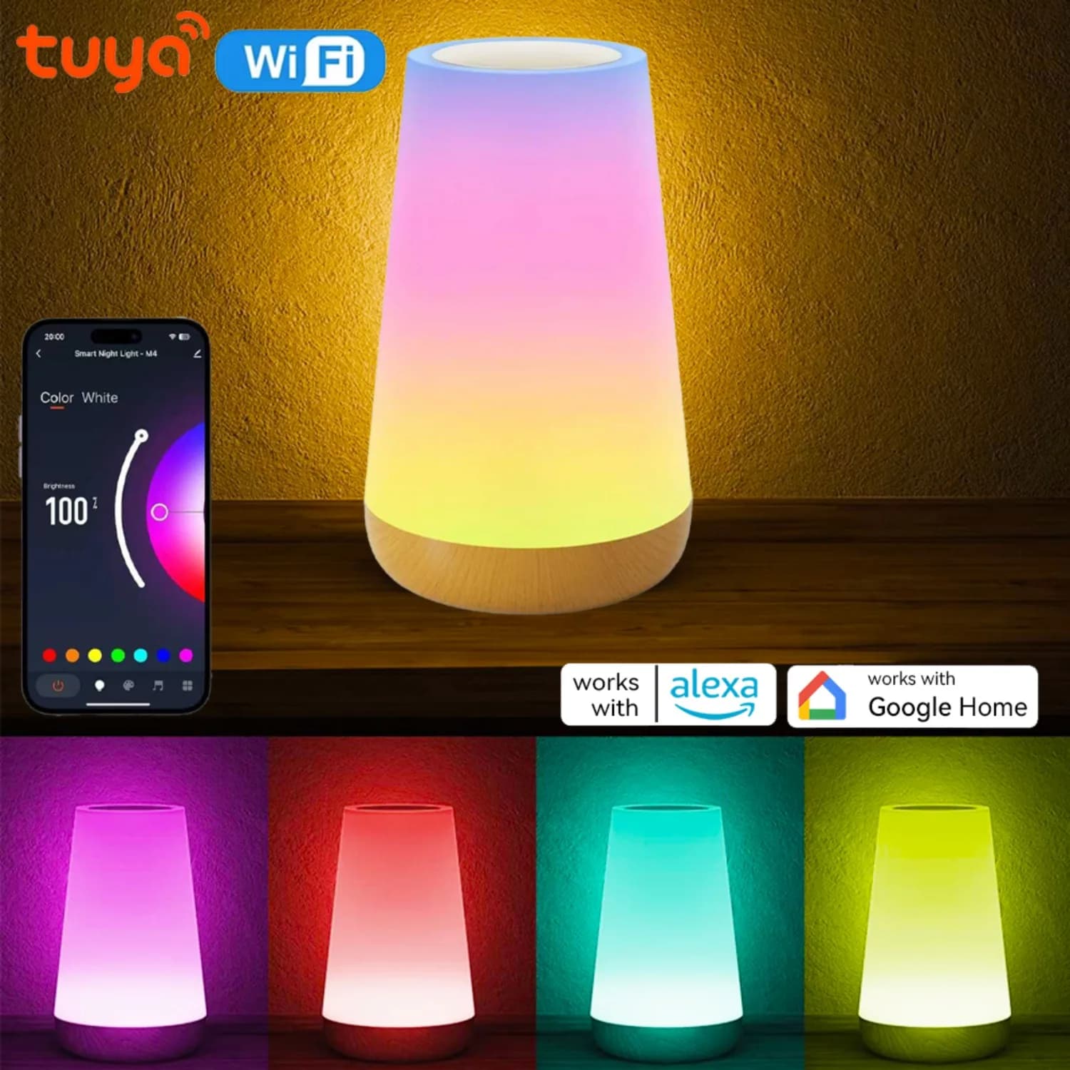 Lampada da Tavolo Smart WiFi Tuya Ricaricabile USB, Dimmerabile con Controllo Vocale e App, Lampada da Scrivania RGB Touch, Luce Notturna per Camera da Letto Compatibile con Alexa