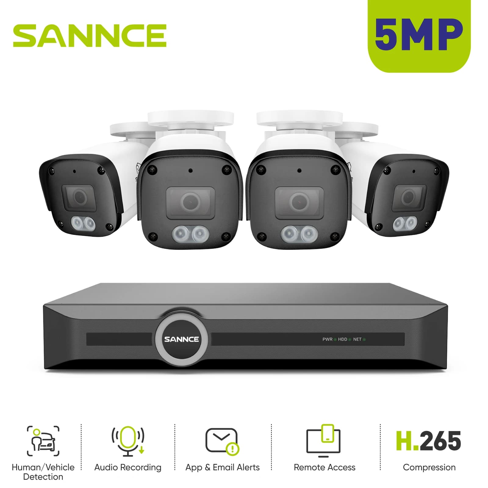 SANNCE 5MP POE Security Camera Systems, 6MP 8CH NVR with Human/Vehicle Detection, 4x Outdoor IP CCTV Cameras for House Security, POE CCTV Outdoor Camera with IP67 Weatherproof, Remote Access