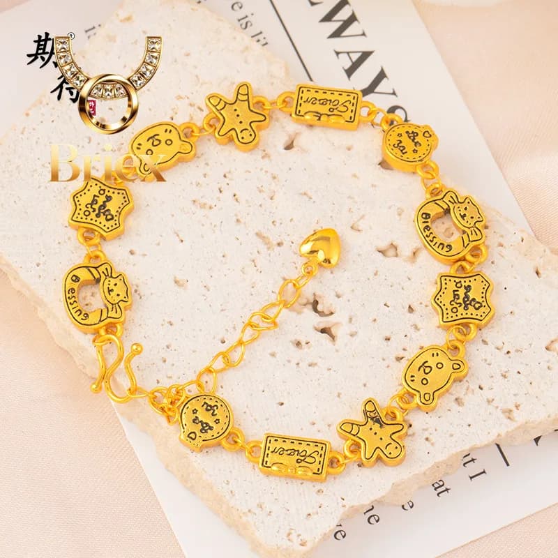 Bracciale Briex Jewelry di lusso in oro puro 24K 9999 per donna, con orsetto gingerbread e simpatico gatto dei cartoni animati