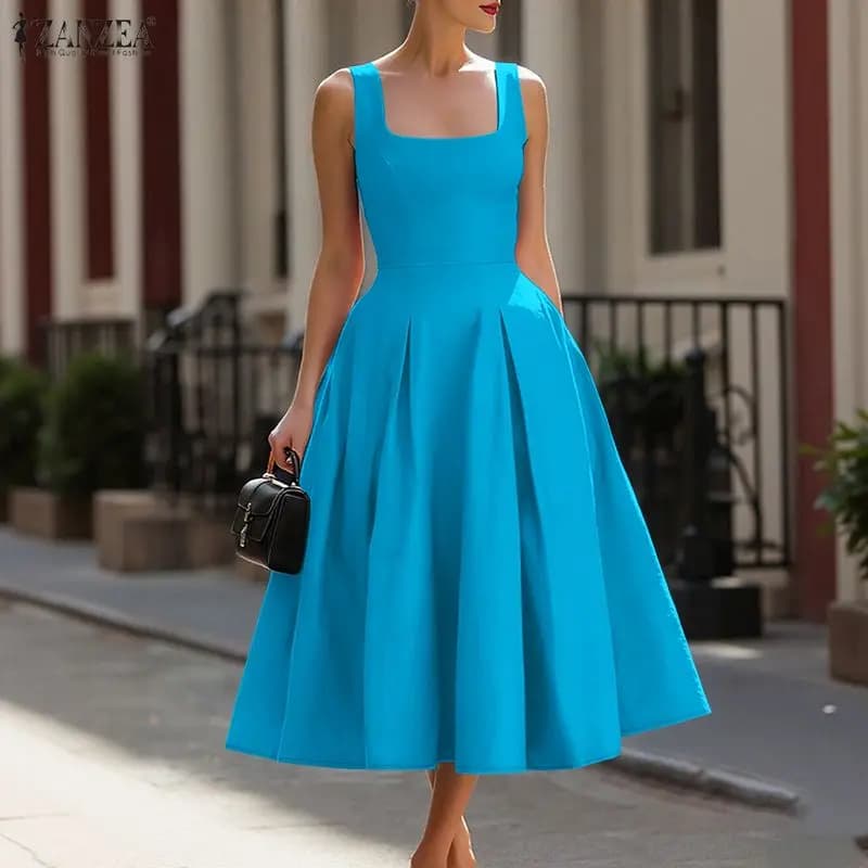 ZANZEA Abito midi elegante senza maniche da donna, minimalista, con scollo quadrato, vita stretta, linea ad A, abiti da festa, abito estivo da donna