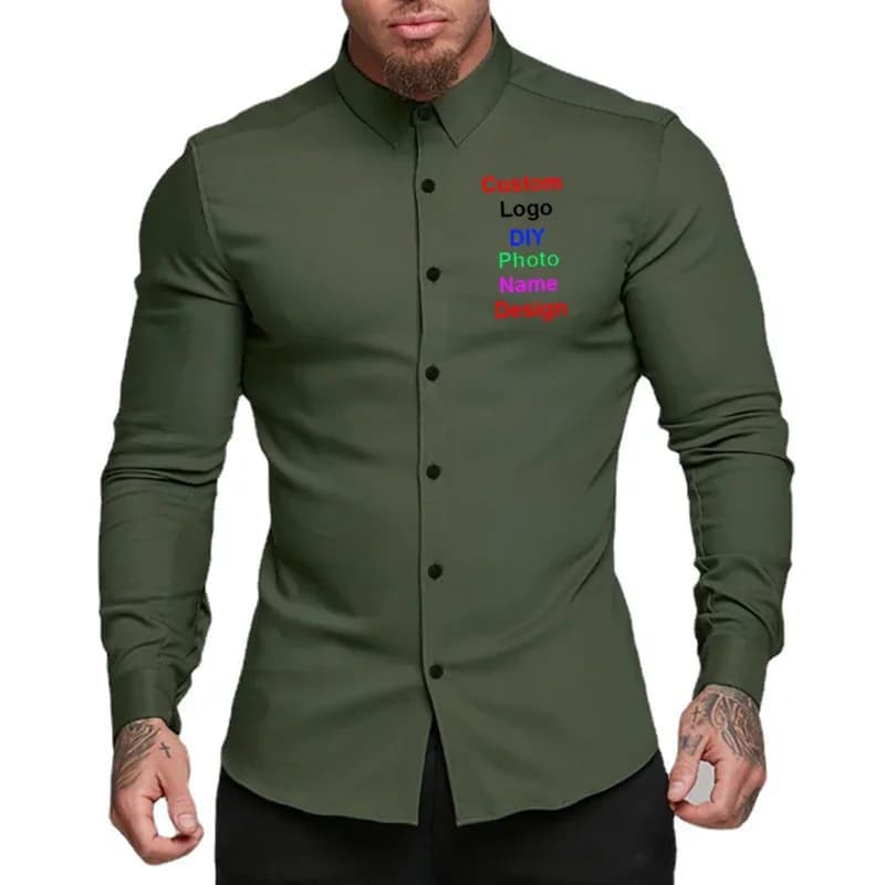Camicia casual da uomo a maniche lunghe super slim fit con logo del marchio personalizzato fai-da-te Camicia da lavoro con colletto rovesciato primaverile