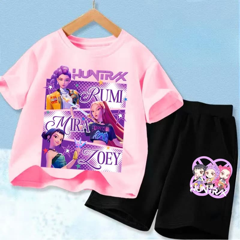 Set Estivi Casual per Ragazze, T-Shirt con Stampa K-POP e Cartoni Animati, Outfit alla Moda per Bambini e Adolescenti, Top a Maniche Corte con Collo Tondo e Pantaloncini, 2 Pezzi