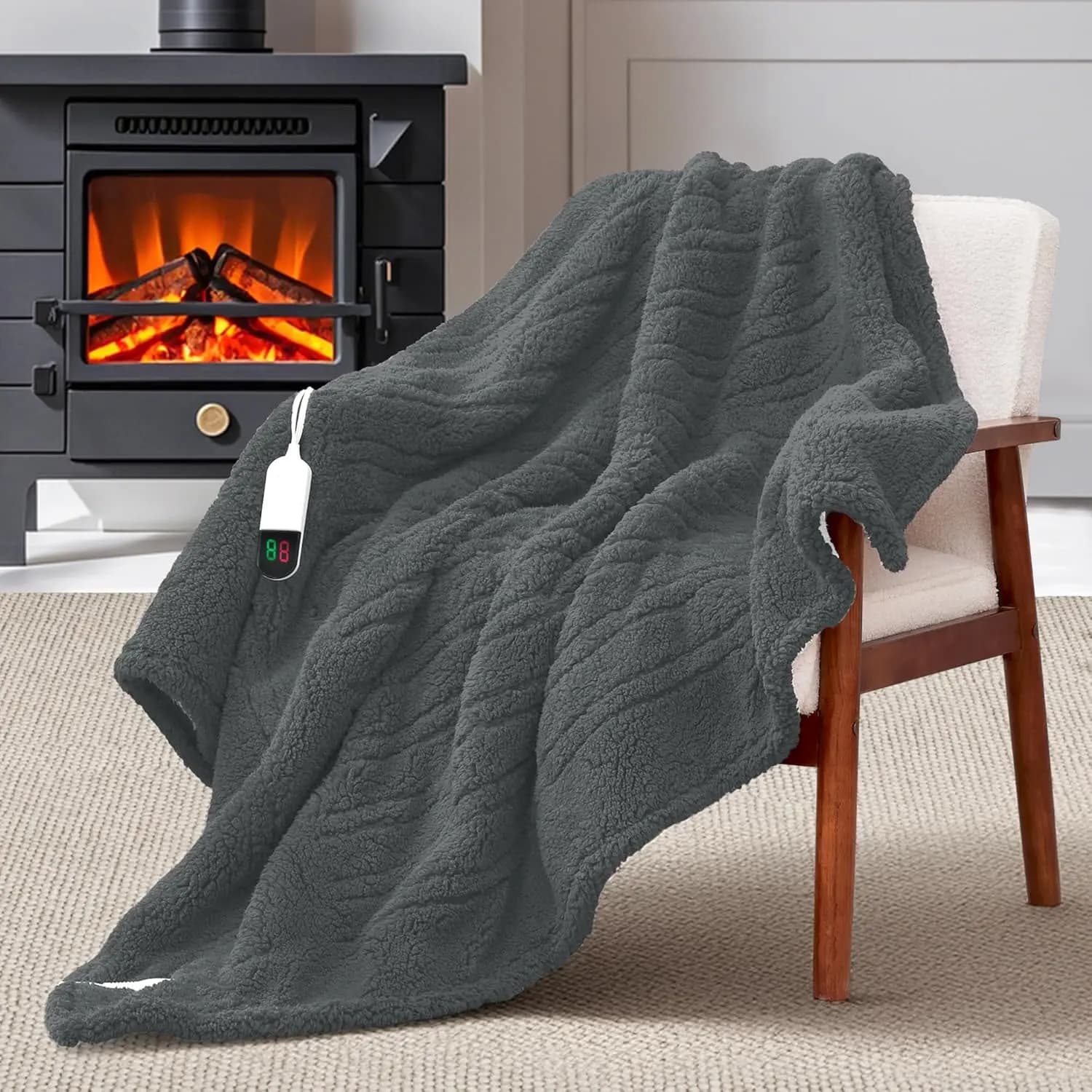Coperta riscaldata elettrica Sherpa 50x60 pollici con 8 livelli di calore, spegnimento automatico e protezione dal surriscaldamento, lavabile in lavatrice, grigia