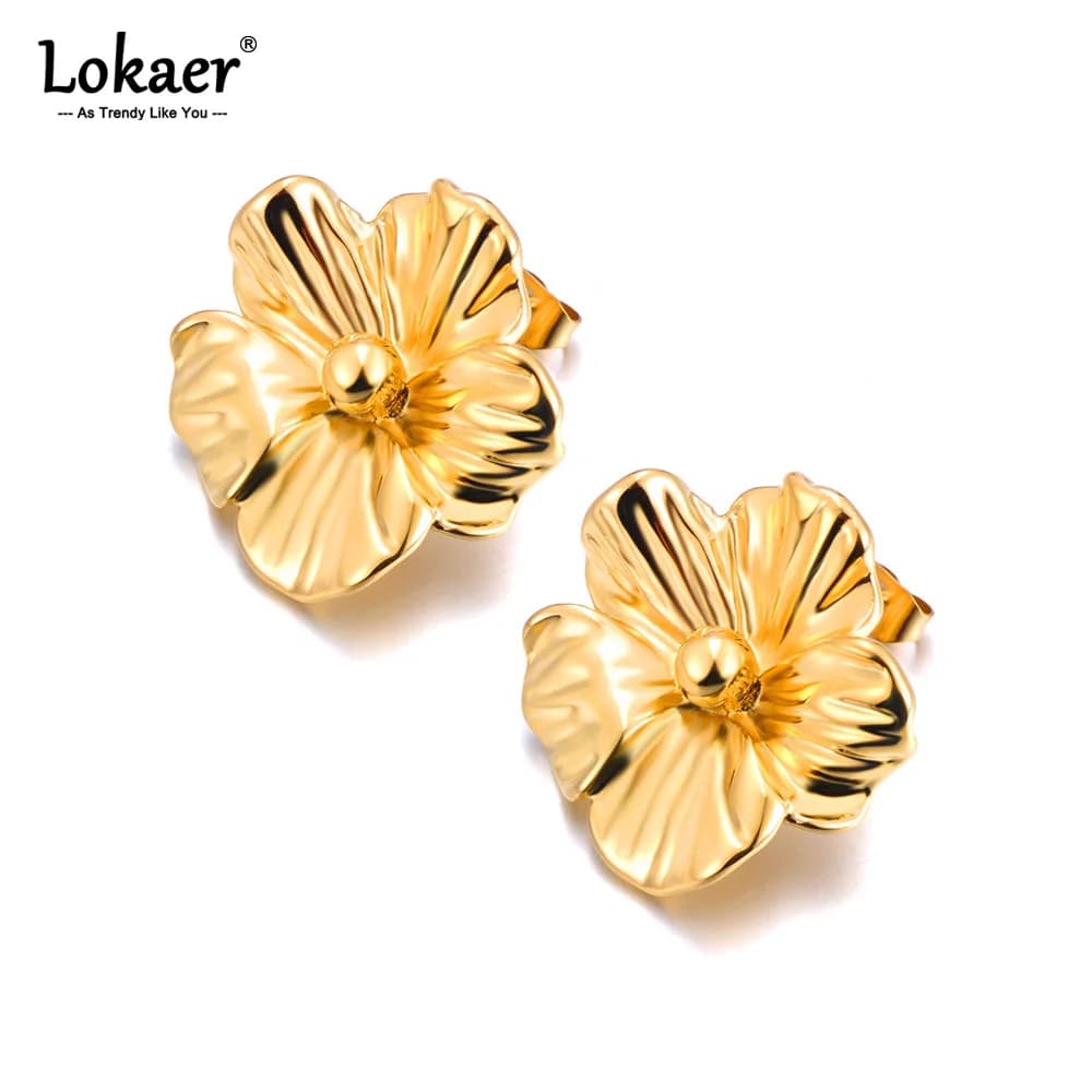 Lokaer Fashion Stainless Steel 316L Metal Flower Metal Earrings with Pin For Women 18K Gold PVD Plaque Modern Daily Charm Jewelry E24045