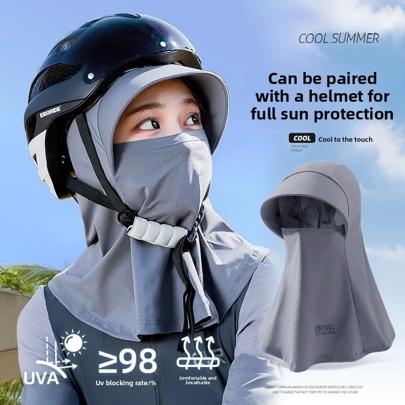 UPF99+ Ice Silk Full Face Sun Protection Hood Hat Breathable Anti UV Neck Cover Outdoor Cycling Driving Face Mask