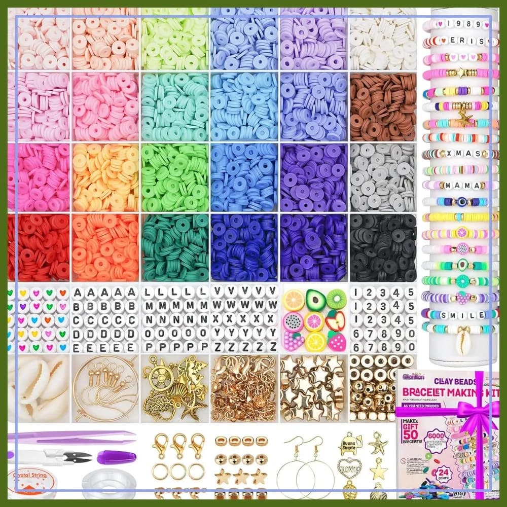 Kit per Creare Braccialetti con 6000 Perline in Argilla, 24 Colori di Perline Piatte per Braccialetti dell'Amicizia, Perline in Argilla Polimerica con Ciondoli per Creazione di Gioielli, Regali Artigianali