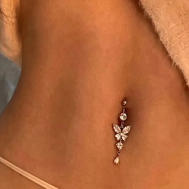 Women Daily Piercing Accessory Single Pack, 14G Stainless Steel Navel Ring Inlaid Shiny Synthetic Zirconia Elegant Design