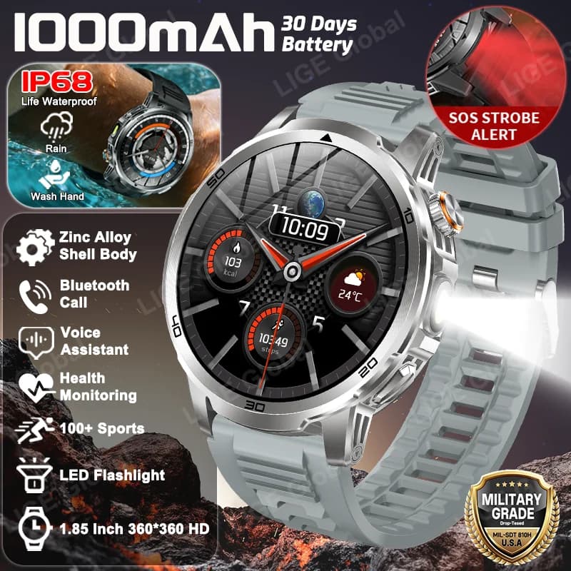 LIGE Nuovo Smartwatch da Uomo con Luce di Emergenza SOS, Torcia LED, Batteria da 1000mAh, Orologio Intelligente Sportivo Militare per Esterni, Display AMOLED da 1,85 Pollici