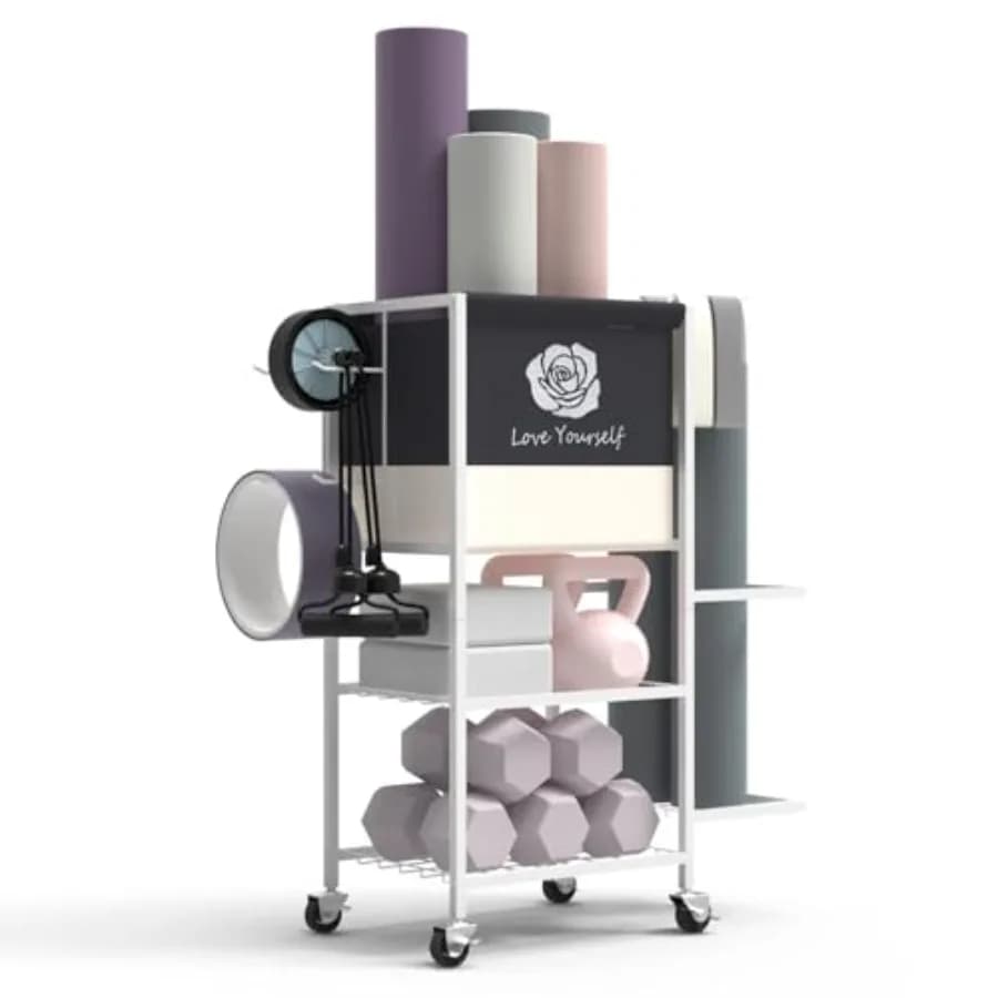 Home Gym Parts with Wheels for Yoga Mats, Foam Rollers, Resistance Bands, Manubri, Kettlebell and Black Training Accessories