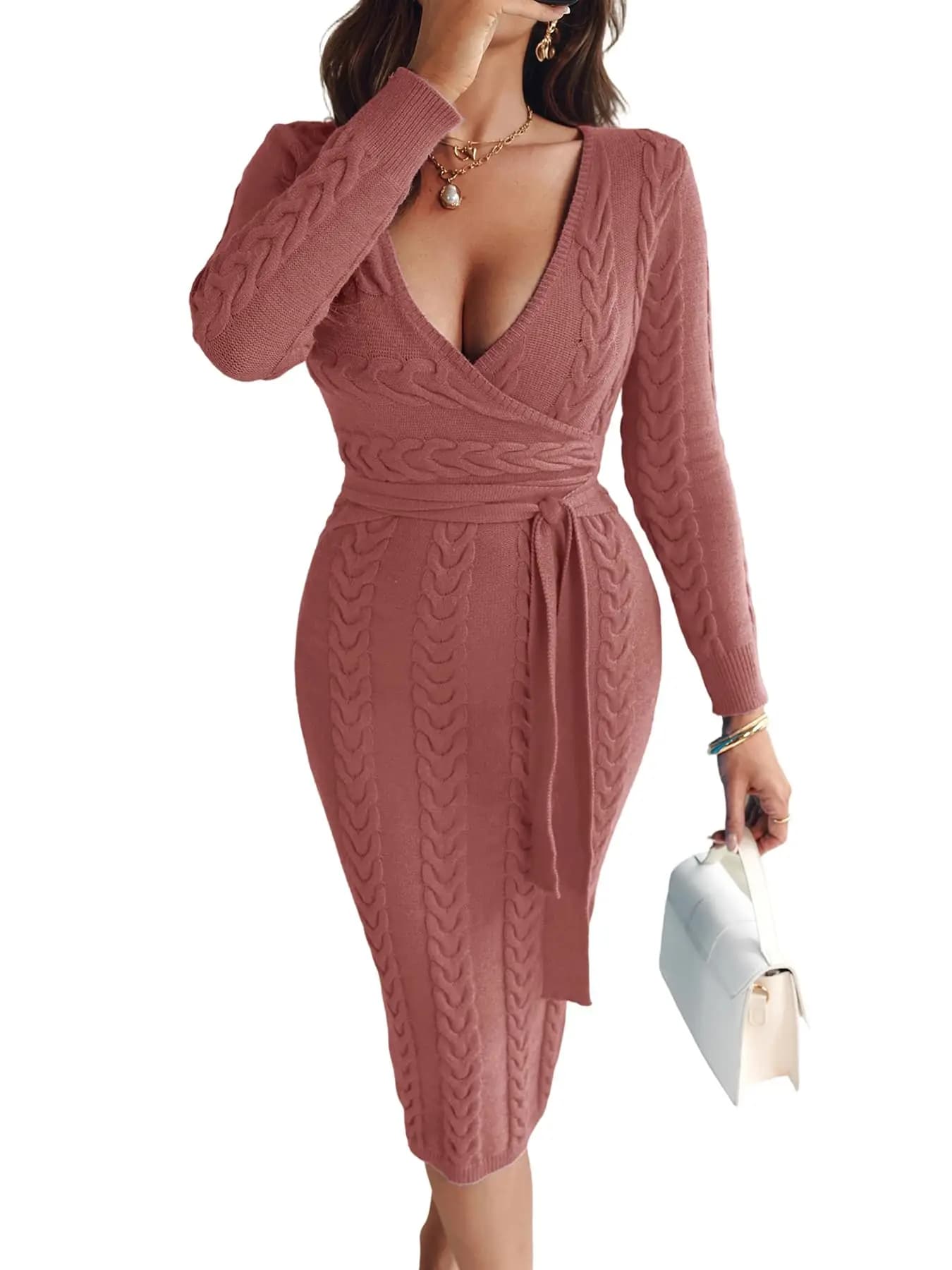 Cable Knit Wrap Dress Women Long Sleeve V Neck Tie Waist Midi Sweater Dress