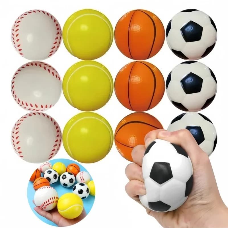 12 Pezzi Palline Morbide Antistress in Schiuma a Forma di Pallone da Calcio, Basket, Baseball, Tennis - Giocattoli Sportivi per Decompressione e Sollievo dallo Stress