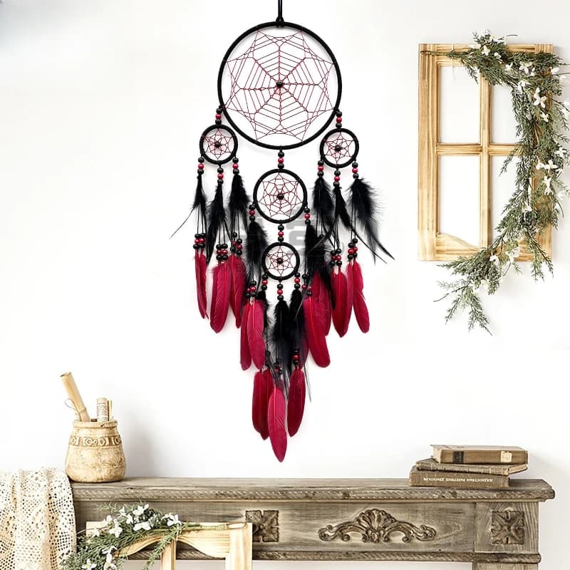 Bohemian Indian Style Dreamcatcher with Wind Chimes - Handmade Bedroom Hanging Decor with Feathers and Iron Ring