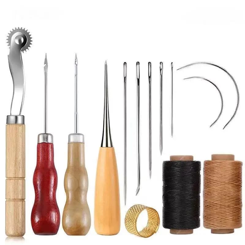 Leather Sewing Supplies Kit Wooden Handle Awl Needles Waxed Thread Groover Thimble Practical for DIY Craft Hand Stitching Repair