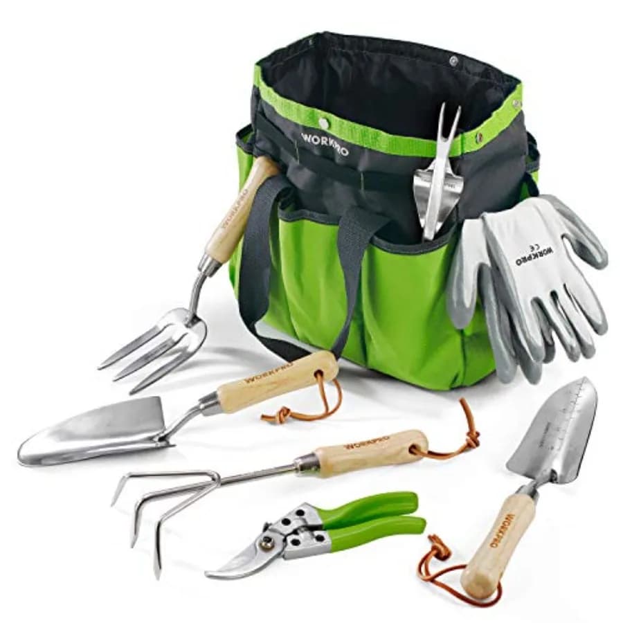 Set di Attrezzi da Giardinaggio 8 Pezzi in Acciaio Inossidabile Resistente con Manico in Legno, Include Borsa da Giardino, Guanti, Paletta e Vanga