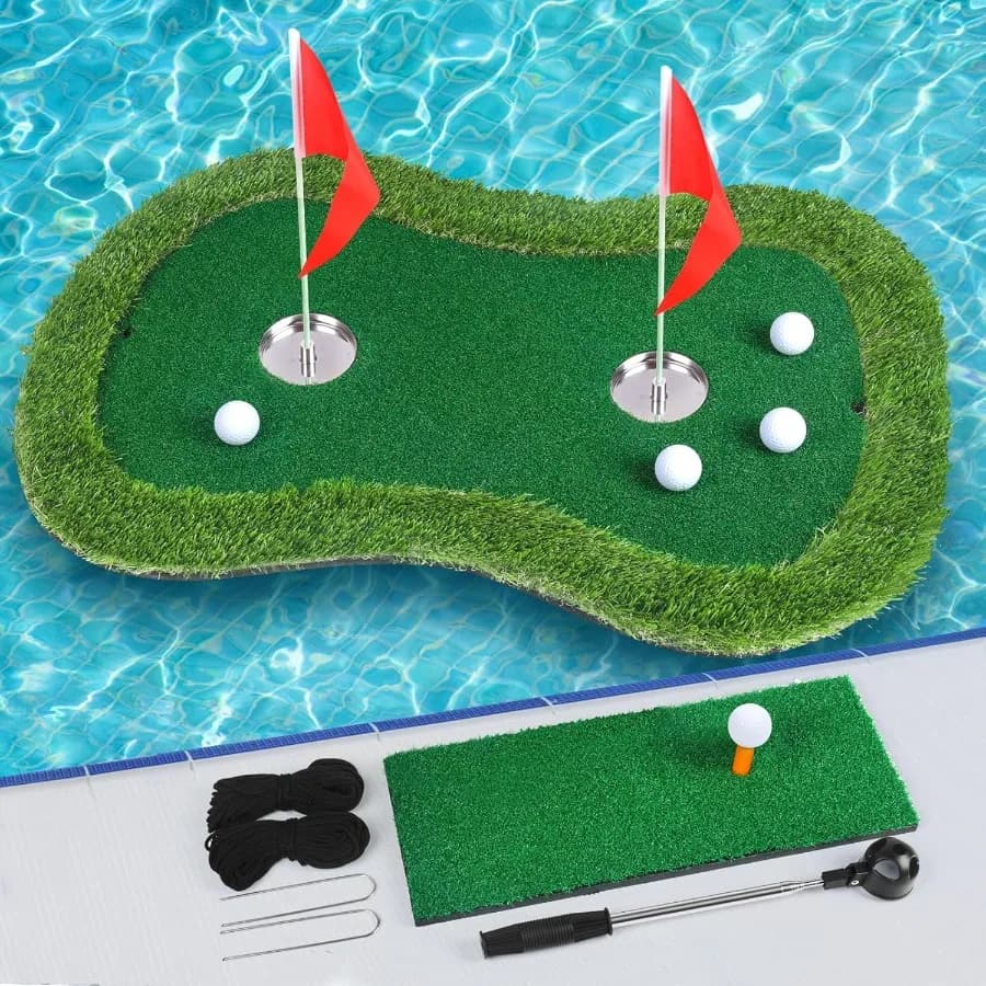 Floating Golf Green for Pool or Lake: Stable Chipping Mat with Builtin Ball Retriever and AntiDrift Ropes Ideal Floating Puttin
