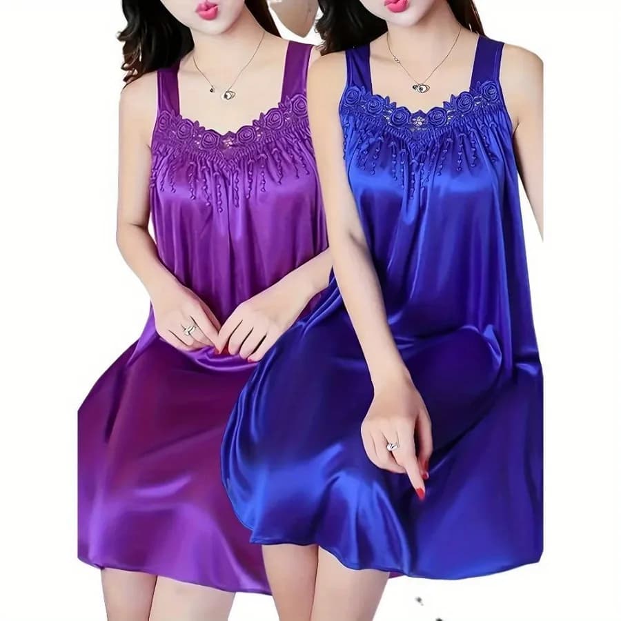 2 pieces of women's elegant lace pajamas - smooth satin fabric, purple and blue, sleeveless round neck nightgown, exquisite floral lace details, light and comfortable in summer