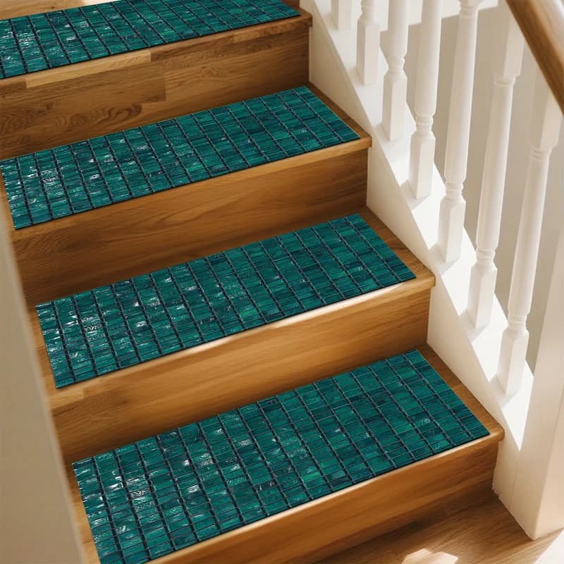 Emerald Green Mosaic Tile Stair Tread Mats Non-Slip Water Absorbent Step Pads Washable Floor Protector Wooden Stairs Indoor Home