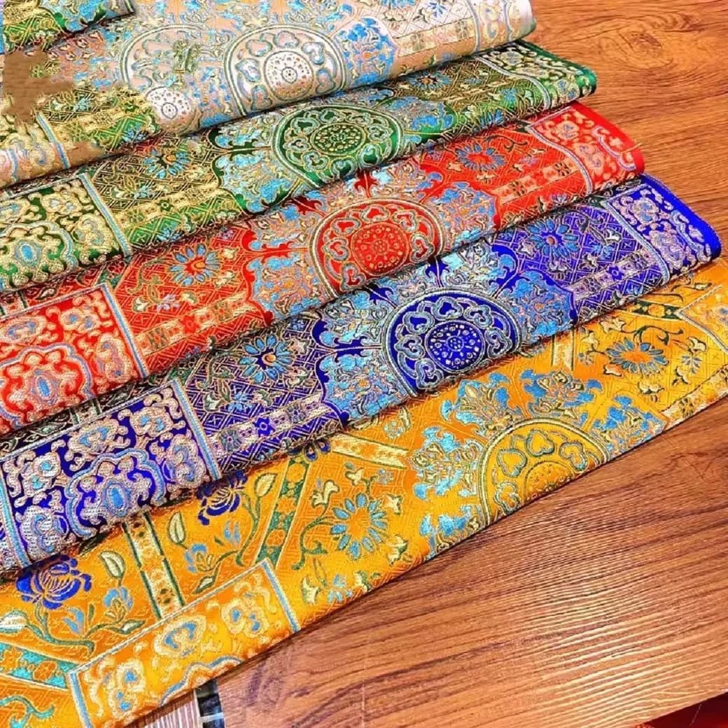 Tibetan Silk and Satin Fabric, Buddha Hall Decoration, Sofa Cover, Magic Tool Mat, Background Wall Curtain, Retro Gesang Flower