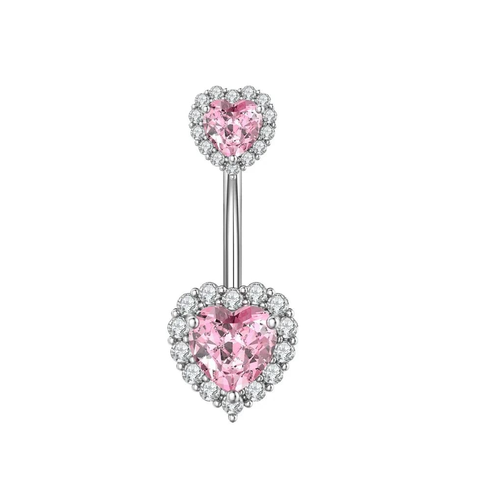 Polished stainless steel navel ring with zircons, colorful rhinestones, double heart, heart-shaped punk piercing, jewel gift