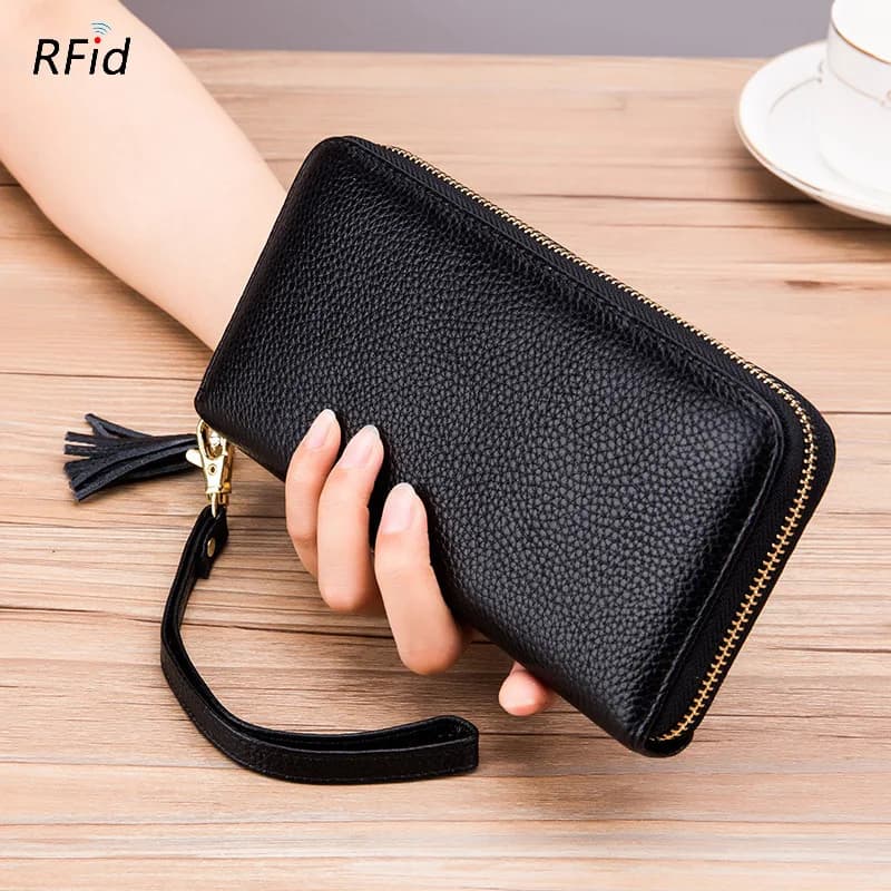 Portafoglio da donna in vera pelle con blocco RFID Porta carte da donna Portafogli di lusso in pelle bovina con cerniera lunga Borsa per telefono alla moda Portamonete
