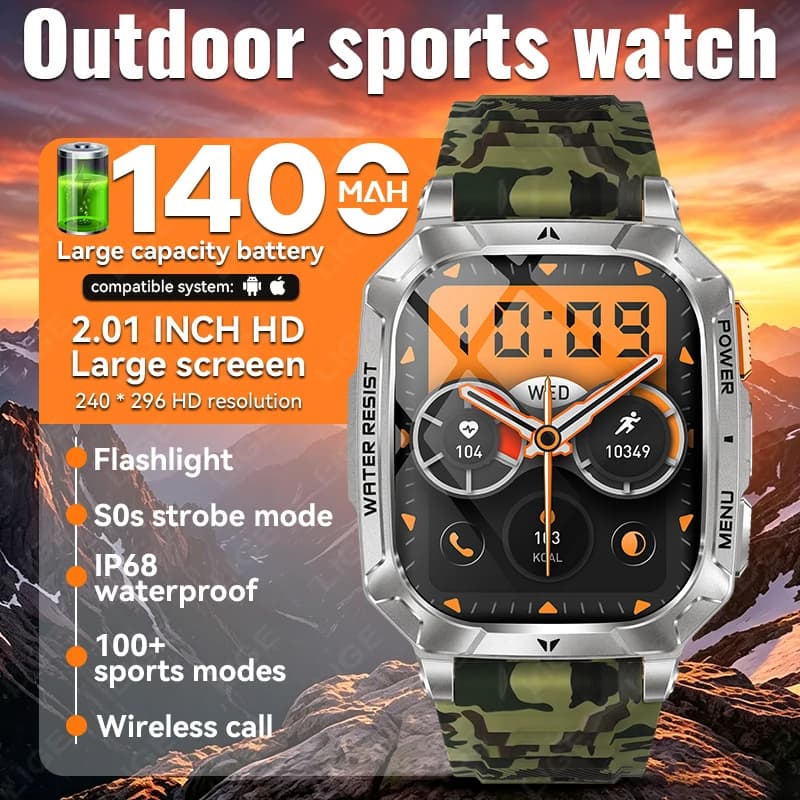 LIGE Nuovo Smartwatch Outdoor Militare con Batteria da 1400 mAh, Impermeabile IP68, Torcia, Monitoraggio Salute, Chiamate BT, Orologio Sportivo da Uomo
