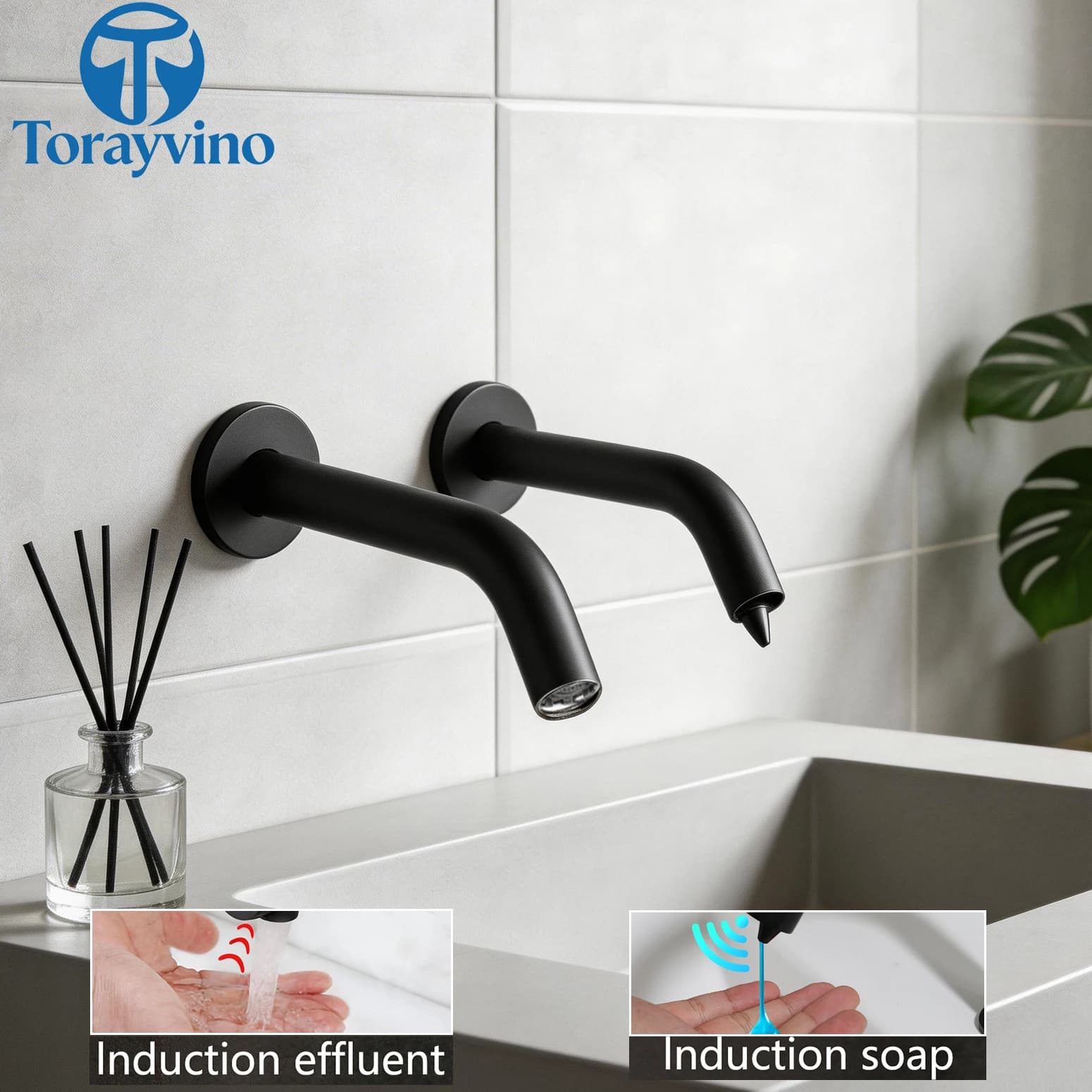 Rubinetto da Bagno a Sensore Torayvino Montato a Parete, Design 2 in 1, Dispenser Automatico di Sapone Touchless da 500ml, Miscelatore per Lavabo Acqua Calda e Fredda