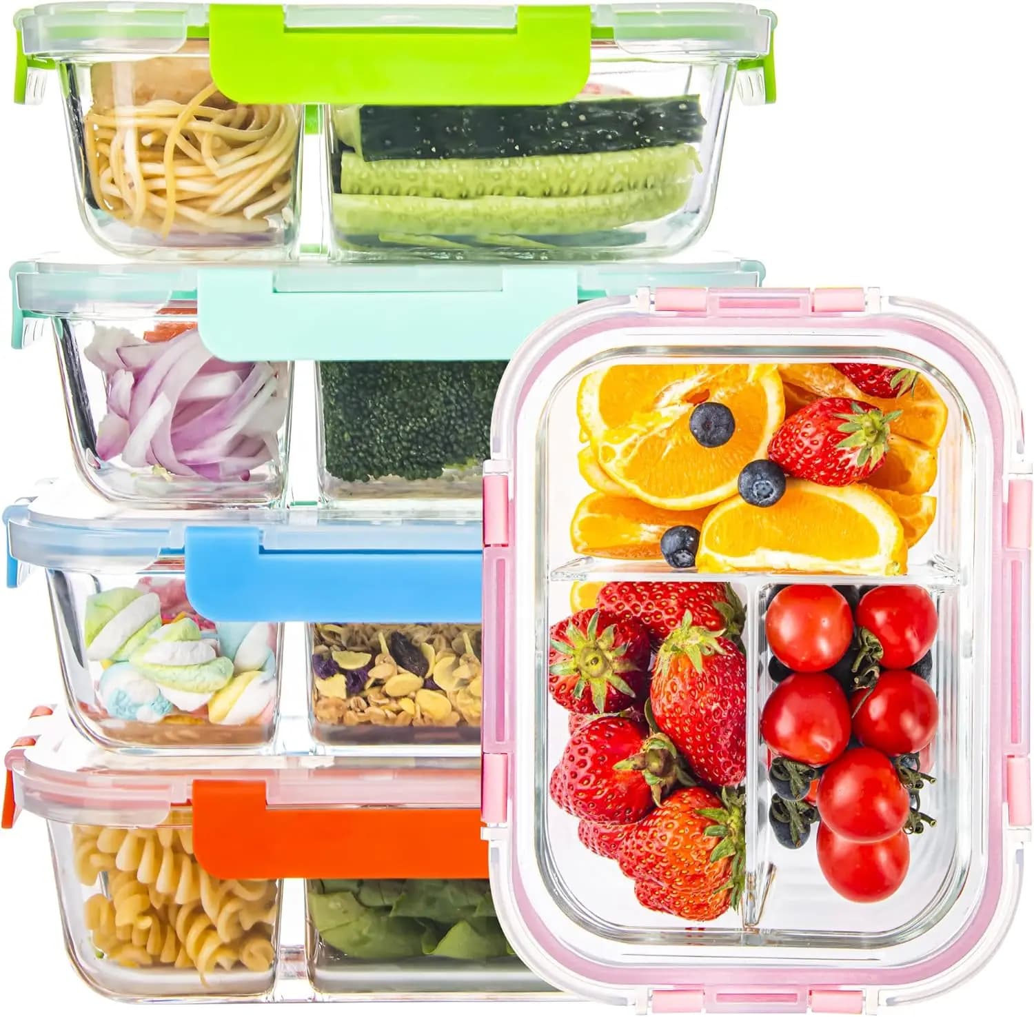 Contenitori in Vetro per Alimenti con 3 Scomparti e Coperchi (Set da 5, 34oz), Ermetici e Adatti a Microonde/Lavastoviglie per Preparazione Pasti
