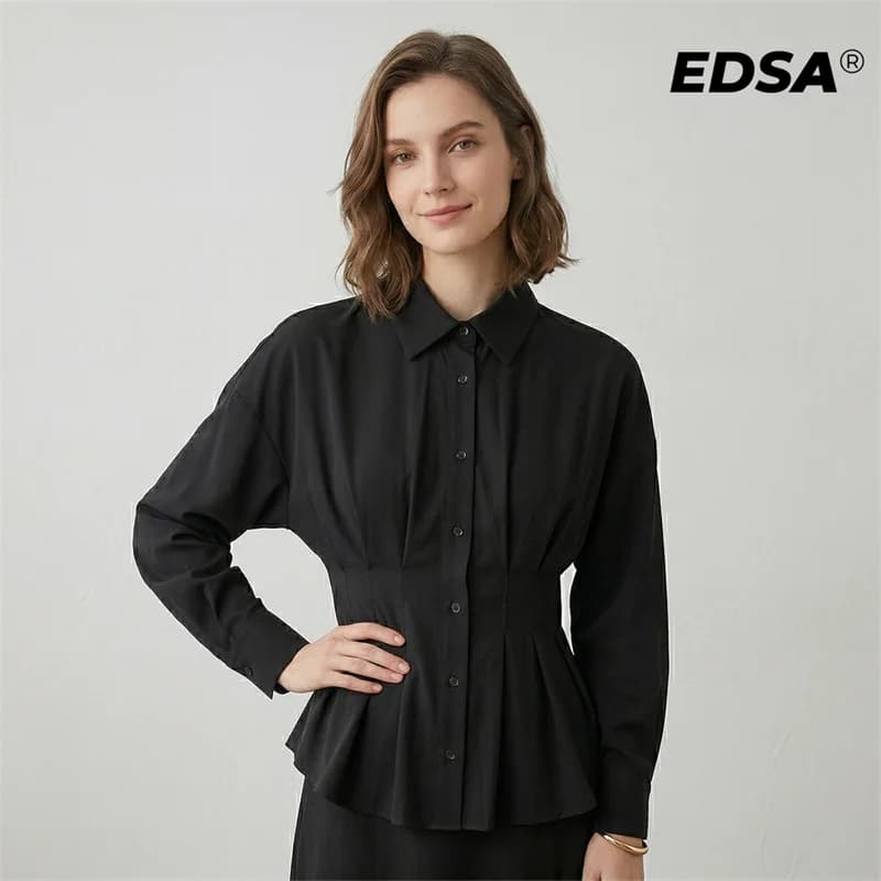 EDSA Camicia Nera da Donna Monopetto a Maniche Lunghe con Colletto Rovesciato e Vita Stretta, Blusa Casual Semplice e alla Moda