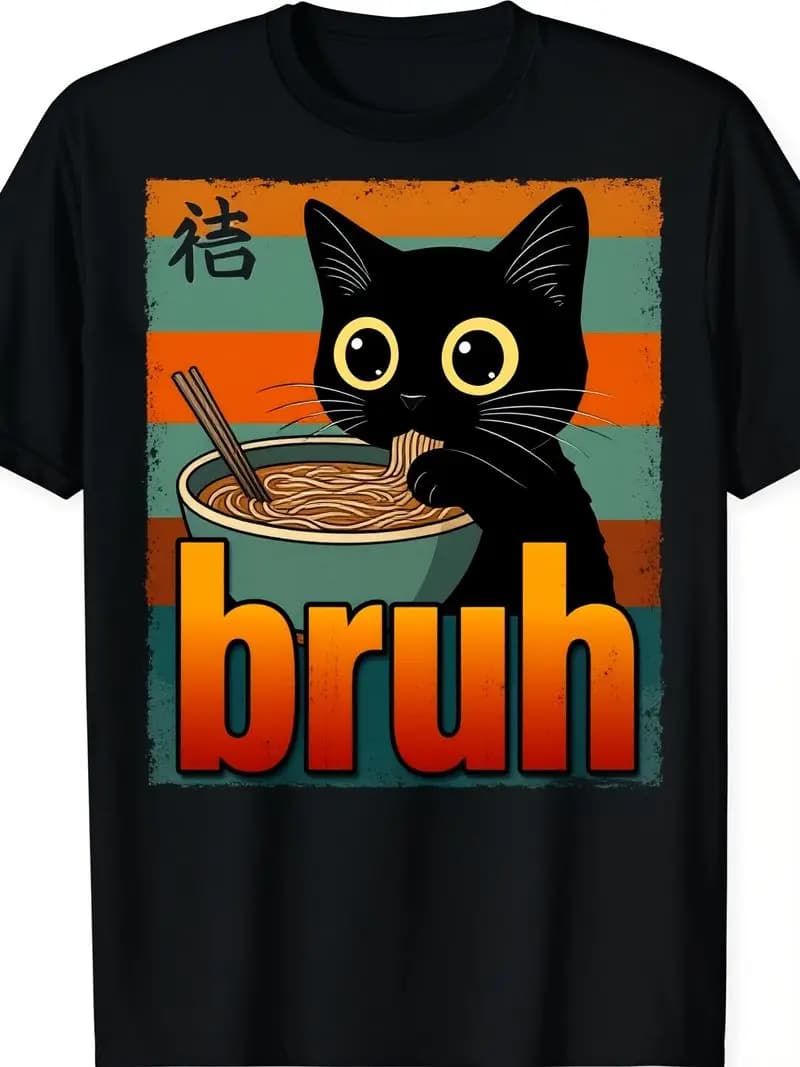 Men's Teen Boys' Kawaii Bruh Meme T-Shirt With Cat Ramen Anime Graphic Casual Short Sleeve Round Neck Tee For Pop Culture Outfit