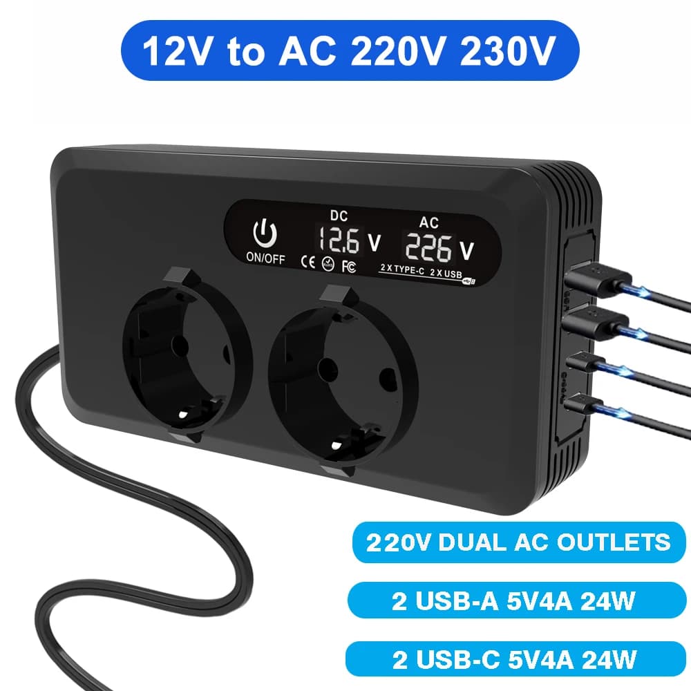Power Inverter for Auto 200W from DC 12V to AC 220V with Quick Charging 4USB and Dual EU socket