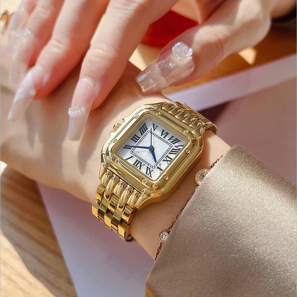 Fashionable quartz women's watch, simple and elegant square dial, golden stainless steel strap, waterproof, for free time, working watches