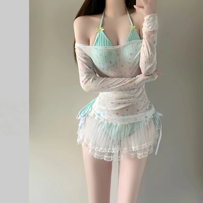 Nuovo Set Bikini Estivo 2026 da Donna Stile Coreano, Costume da Bagno da Spiaggia per Ragazza Dolce, Copricostume a Maniche Lunghe Modellante