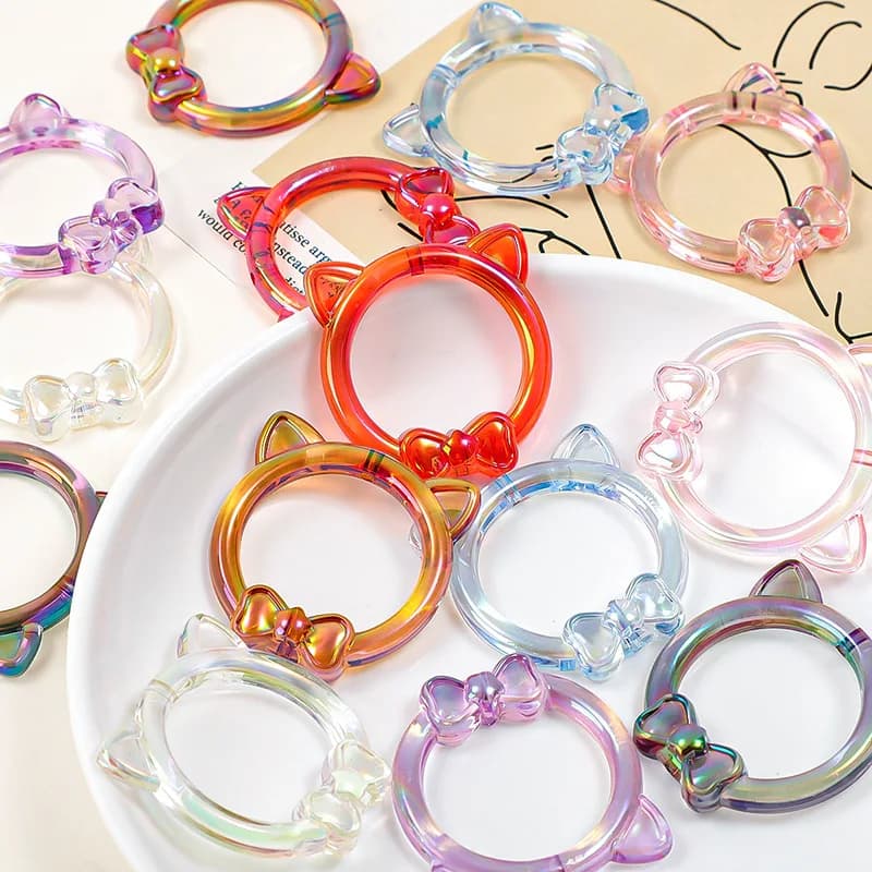 6pcs/set acrylic AB plated ring cat ears bow perforated beaded jewelry loose bead DIY clothing hairpin decorative accessories